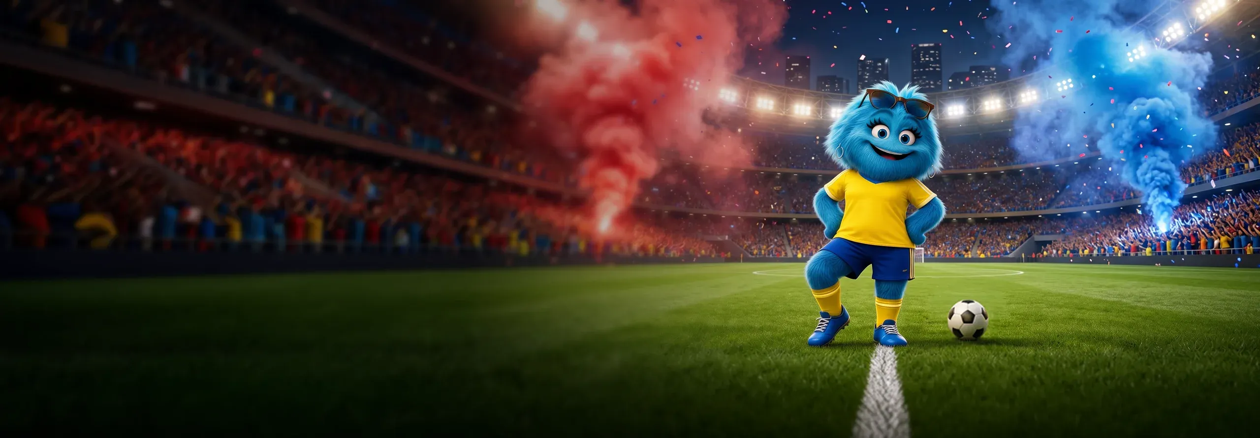 Mascote do CNA chutando a bola em campo de futebol - Goleada de ofertas!