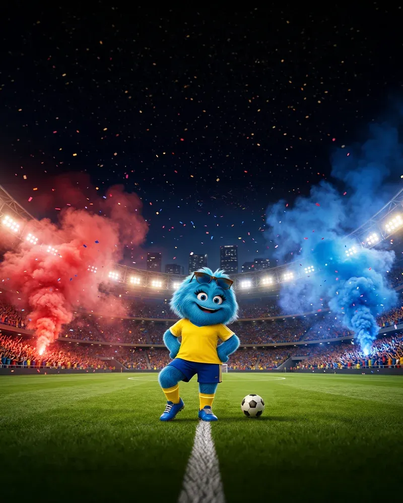 Mascote do CNA chutando a bola em campo de futebol - Goleada de ofertas!