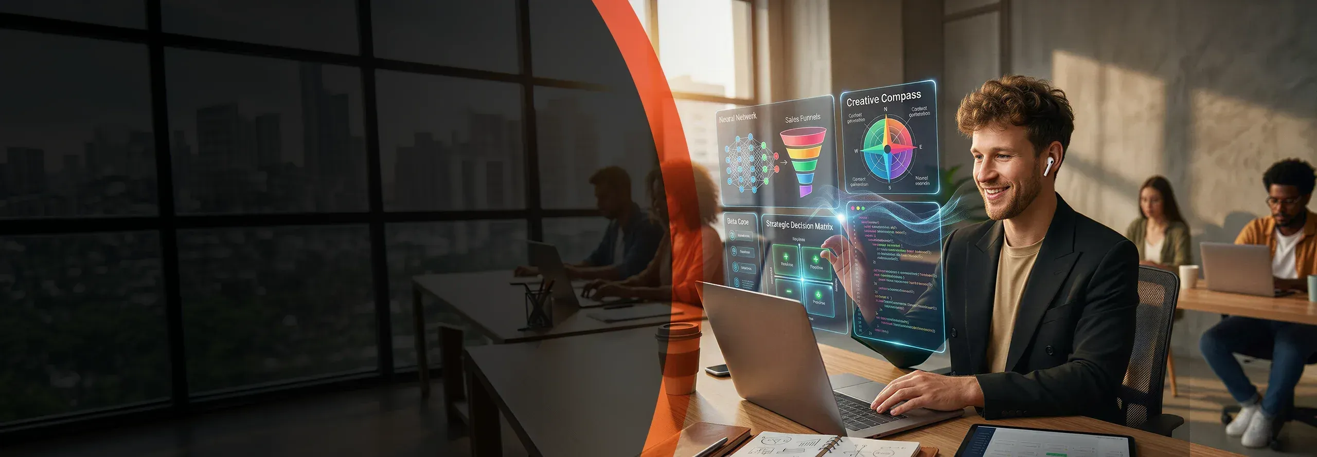 Profissional usando inteligência artificial com telas holográficas em um ambiente de trabalho