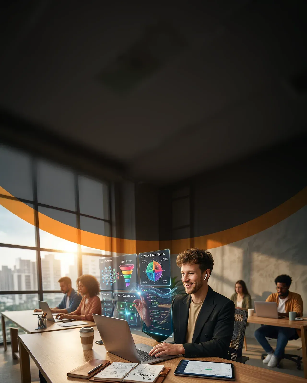 Profissional usando inteligência artificial com telas holográficas em um ambiente de trabalho